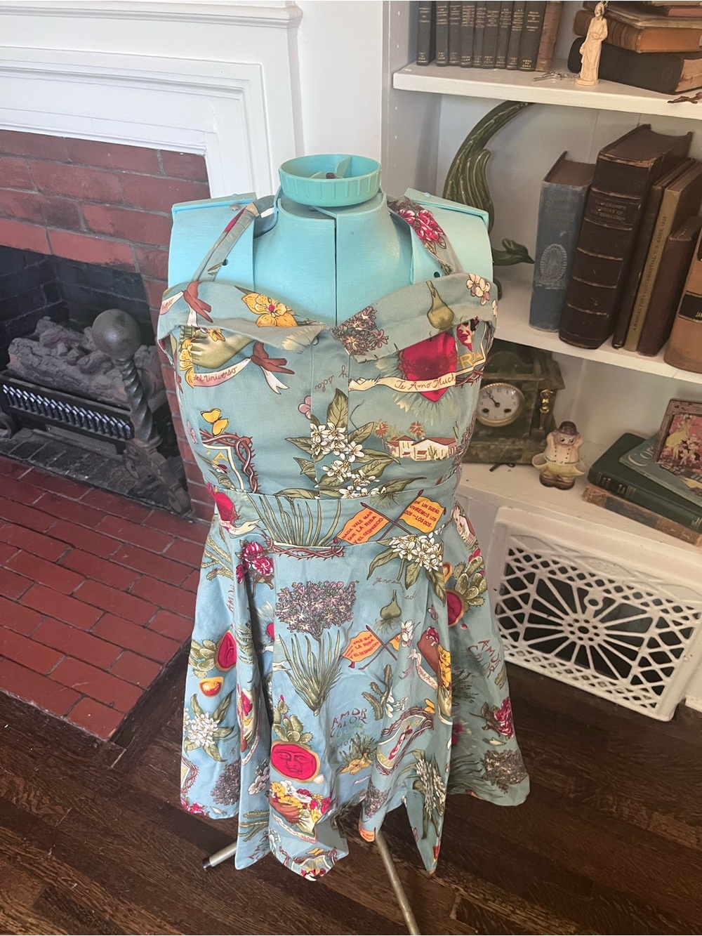 Grace Karin Frida kahlo patterned Teal fitnflair Halter Dress YellowRed Accents